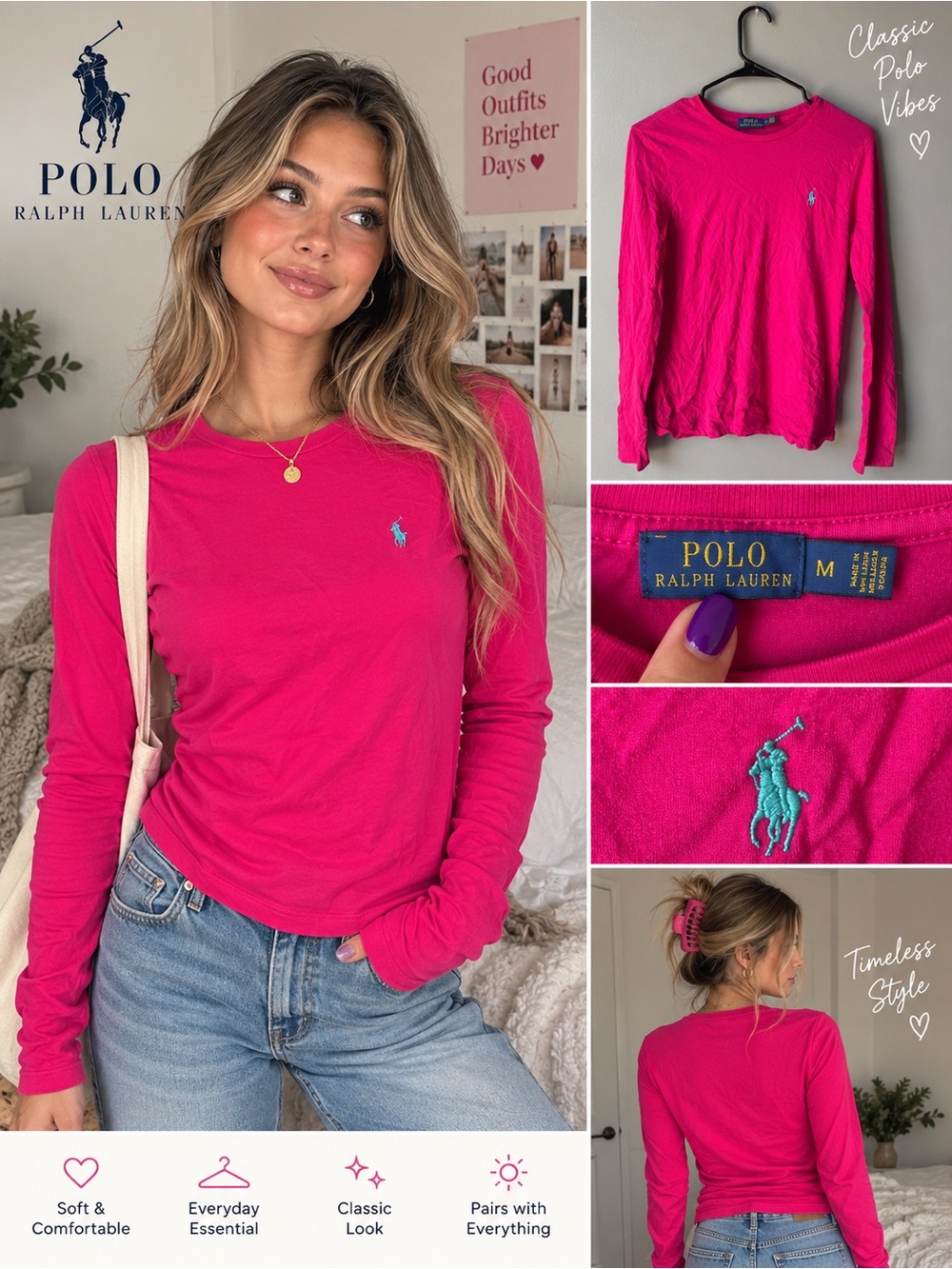 Polo Ralph Lauren Pink Long Sleeve Logo Shirt Size Medium